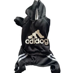Adidog Sporty Pet Hoodie Tracksuit - Black/White 3-Stripe Dog Jumpsuit Size - Sm